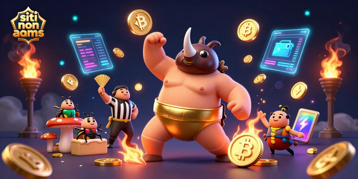 Il rhinoceronte scarabeo campione di sumo, accanto a un giudice, celebra le vincite nei siti non AAMS con oro e criptovalute