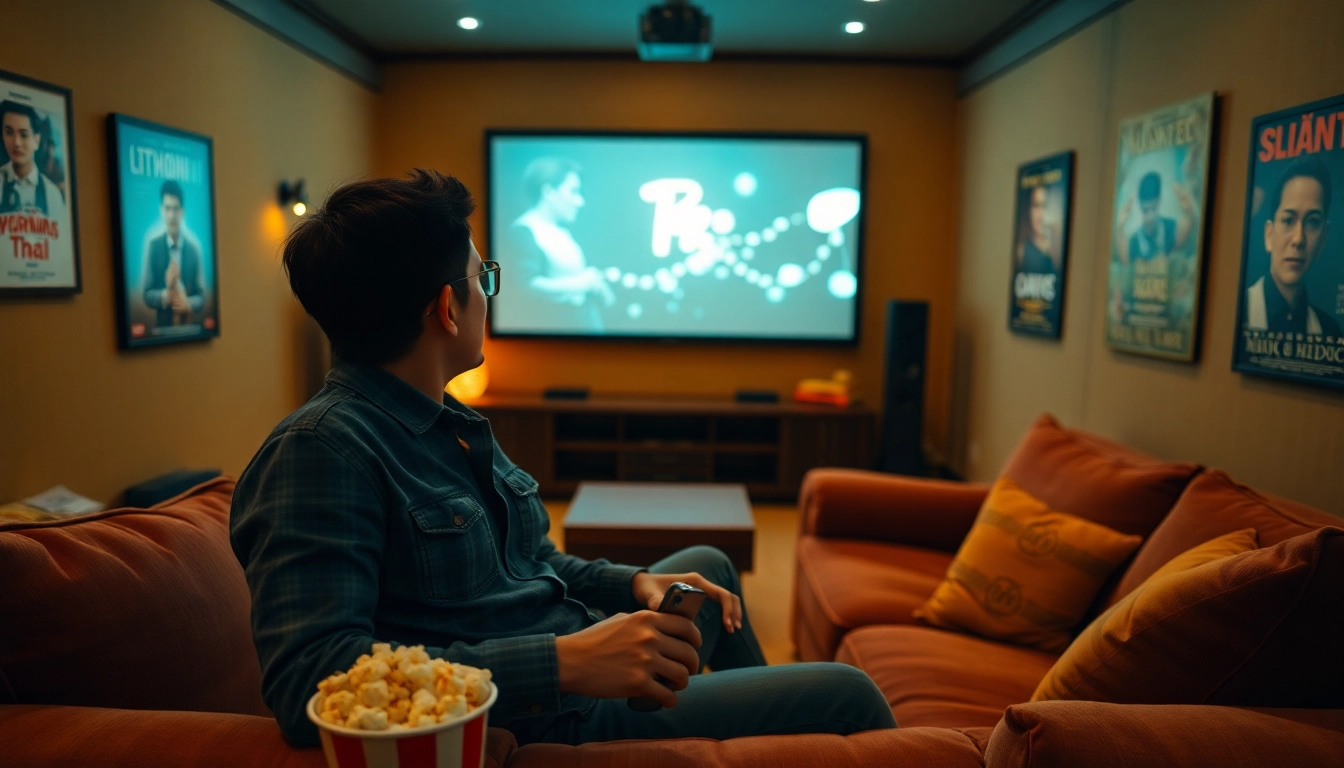 Engaging home theater scene featuring ดูหนังออนไลน์ with ambient lighting and cozy decor.