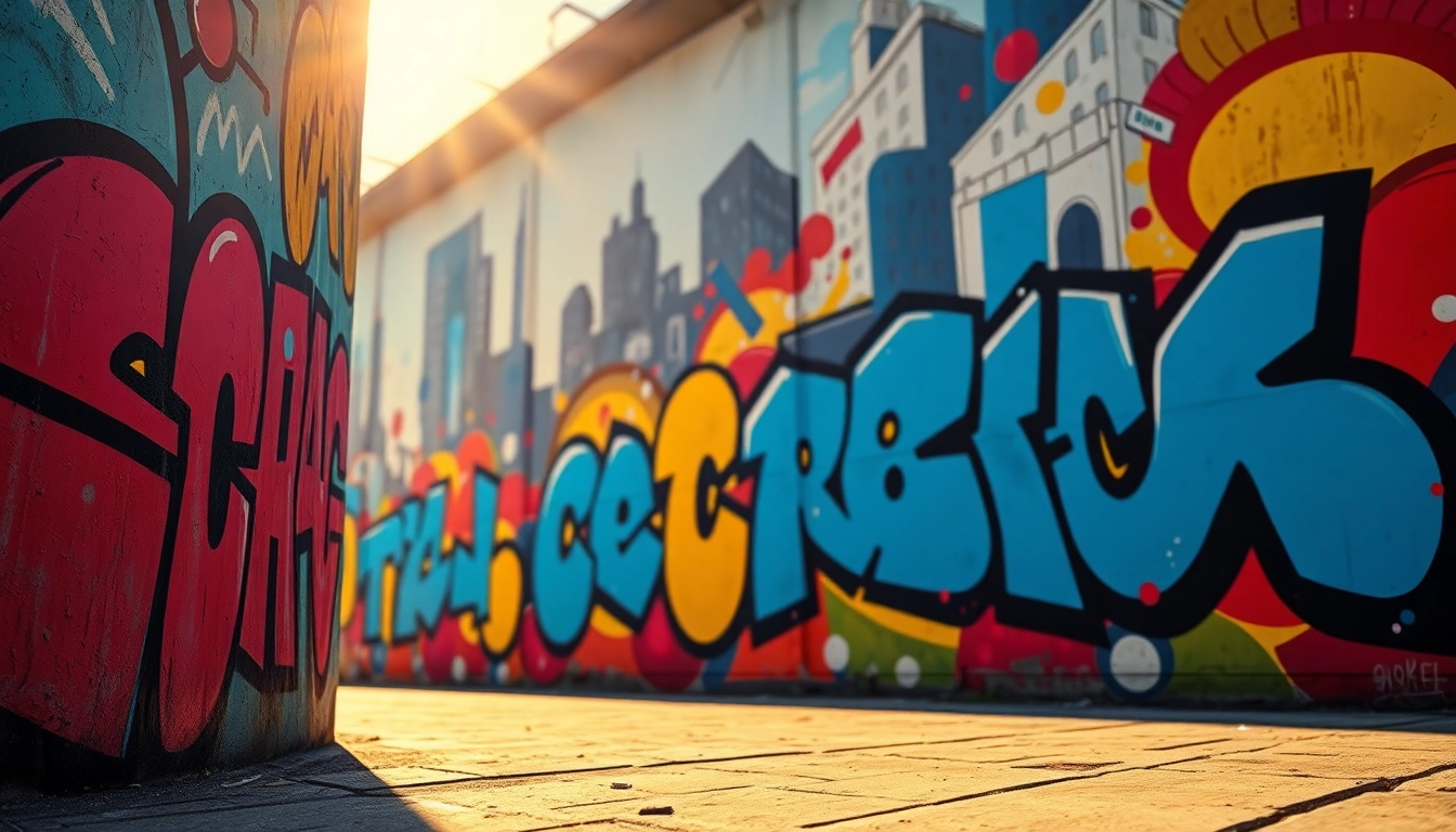 Vibrant graffiti wall art showcasing an abstract cityscape mural with colorful details.