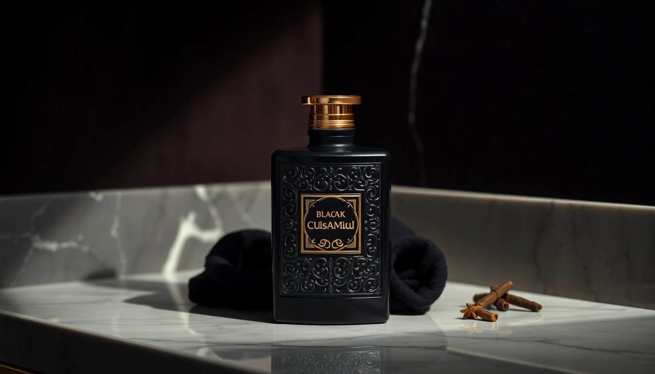 Present Musamam Black Intense by Lattafa elegant perfume bottle on a dark velvety backdrop.