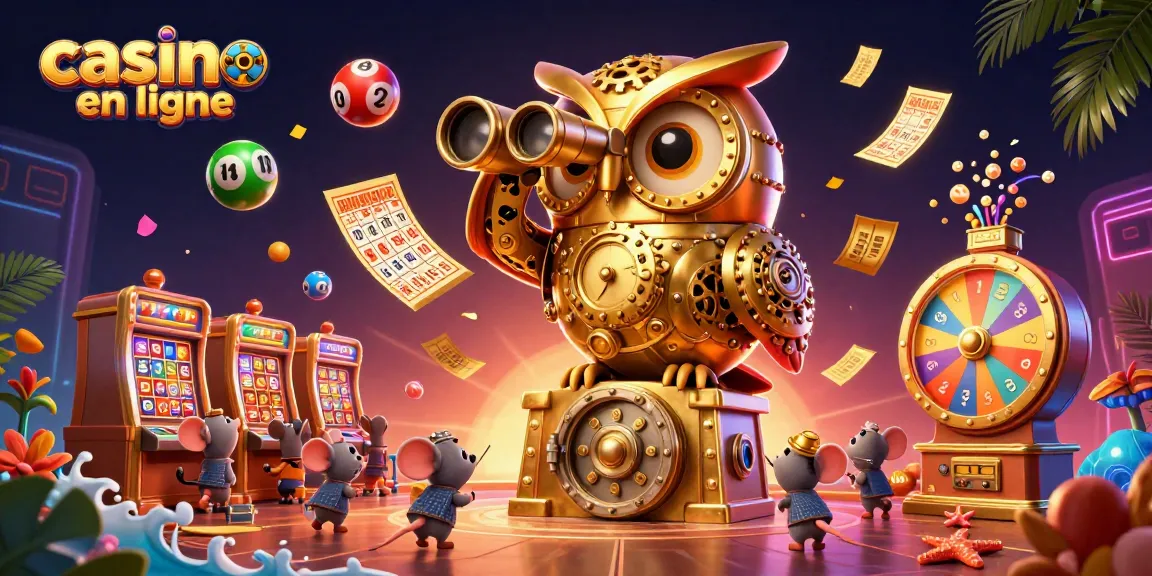 Explorez les machines à sous sur un casino en ligne animé avec un hibou mécanique et des souris.