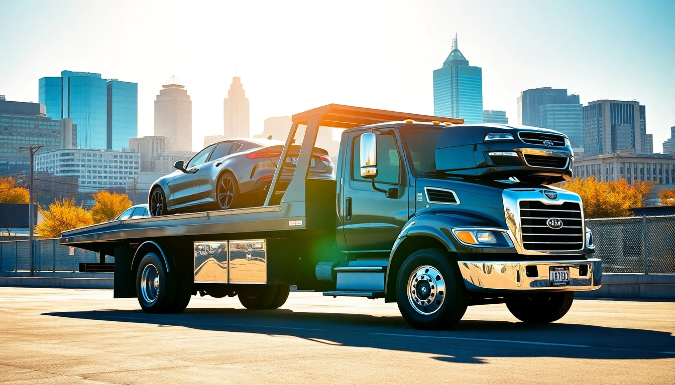 Flatbed towing Nashville with a professional tow truck showcasing reliable services in the urban skyline.