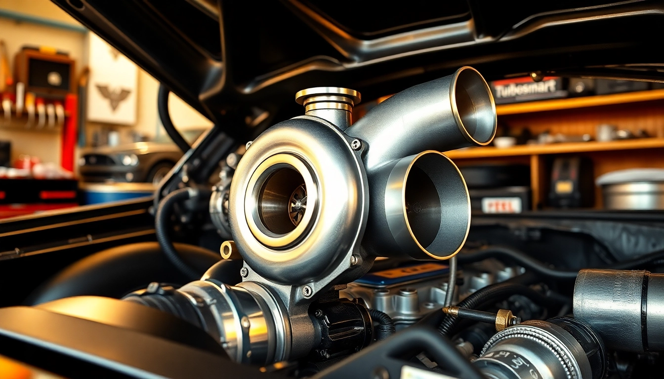 Turbosmart street performance turbo showcased in a high-powered car engine bay with precision engineering details.