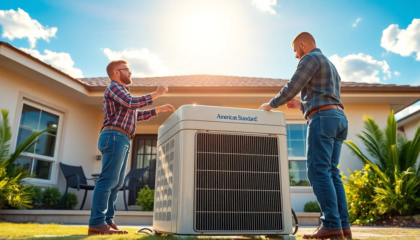 Technician installing an American Standard air conditioner on a sunny patio, showcasing quality and expertise.