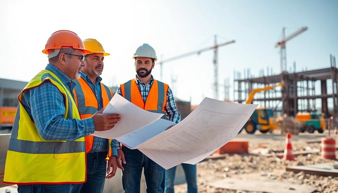 Construction workforce development illustrated by workers collaborating on-site with blueprints.