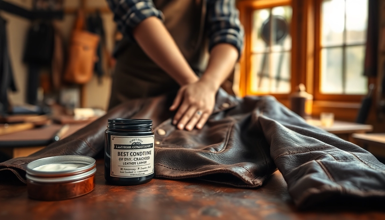 Applying Best conditioner for dry, cracked leather to rejuvenate vintage leather in a cozy workshop.