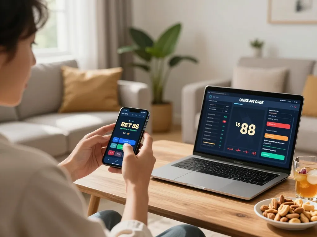 Player enjoying Bet 88 online casino game on smartphone in cozy home setting