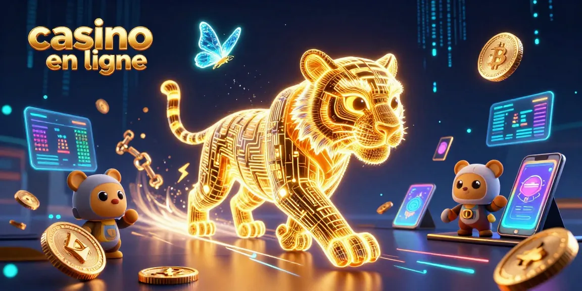 Découvrez le monde du casino en ligne avec ce tigre d’énergie lumineuse et des pièces de cryptomonnaie.