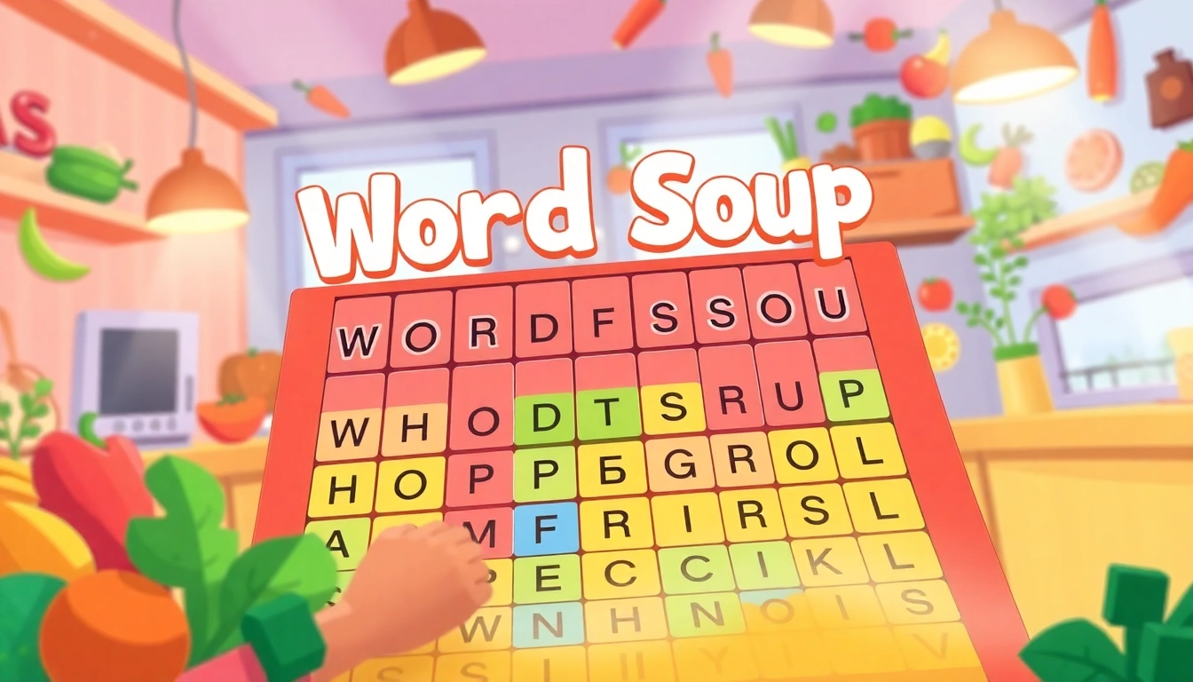 Engaging Word Soup puzzle with vibrant letters in a playful kitchen environment.