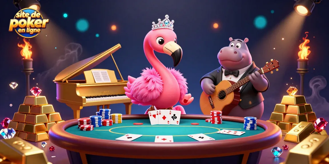 Jouez sur le site de poker en ligne avec une ambiance de spectacle et des personnages animés.