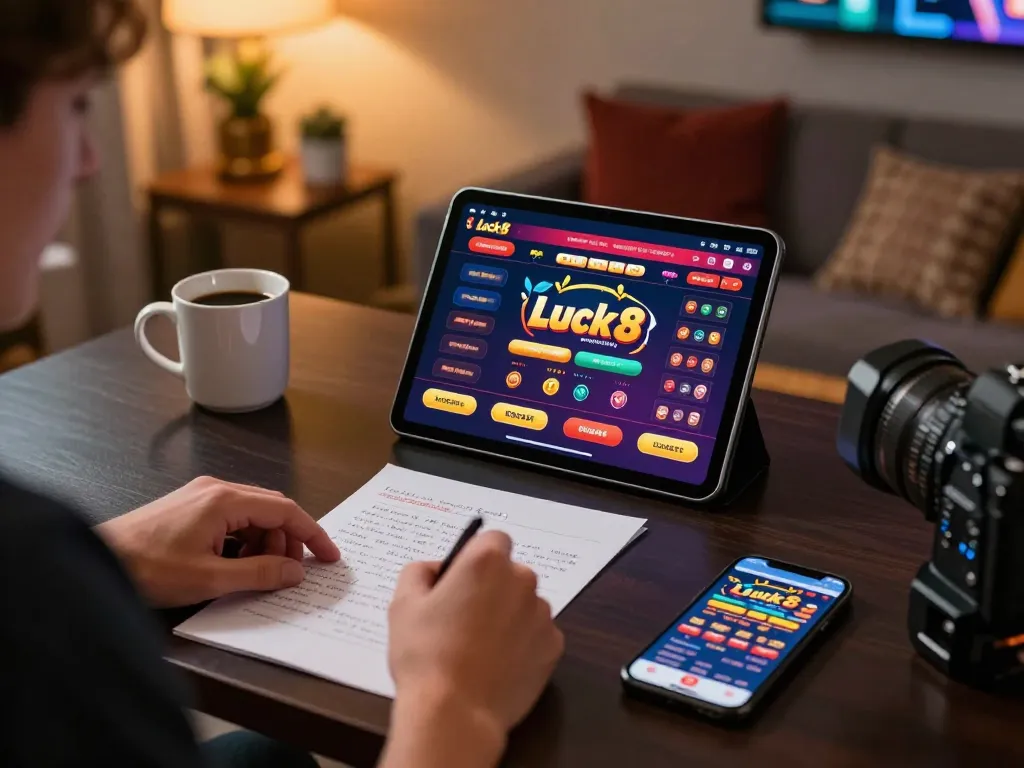 Engage in thrilling online gaming with Luck8 on tablet in a cozy home setting.