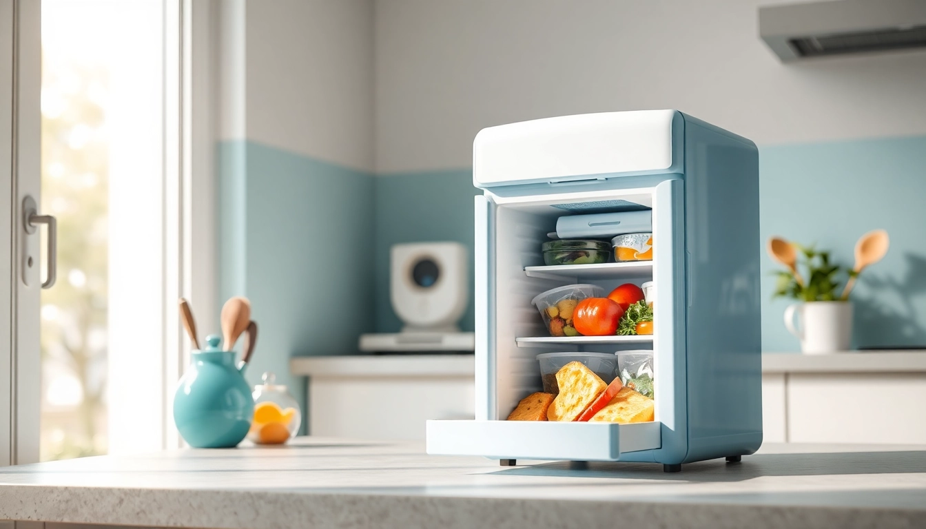 Mini freezer displayed in a bright modern kitchen with organized frozen foods.
