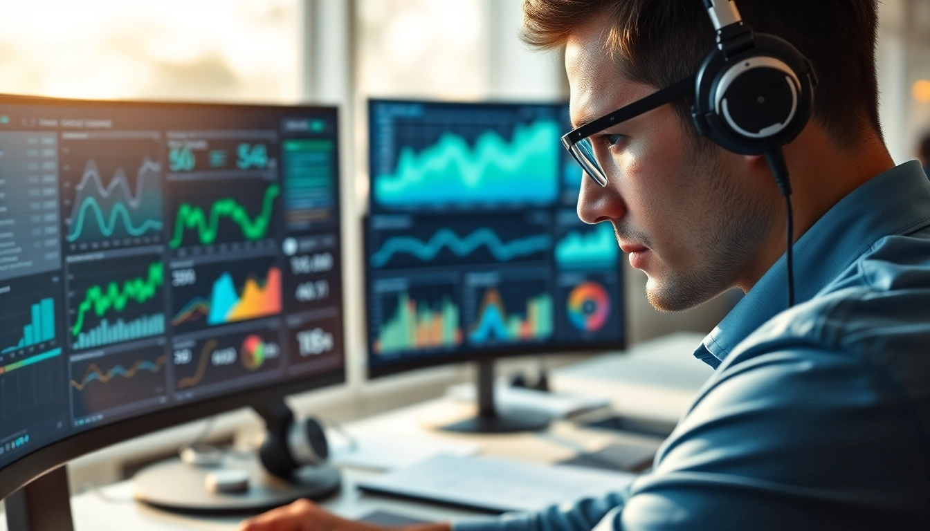 Analyze AI for competitive intelligence trends with futuristic data visualizations in a high-tech office.