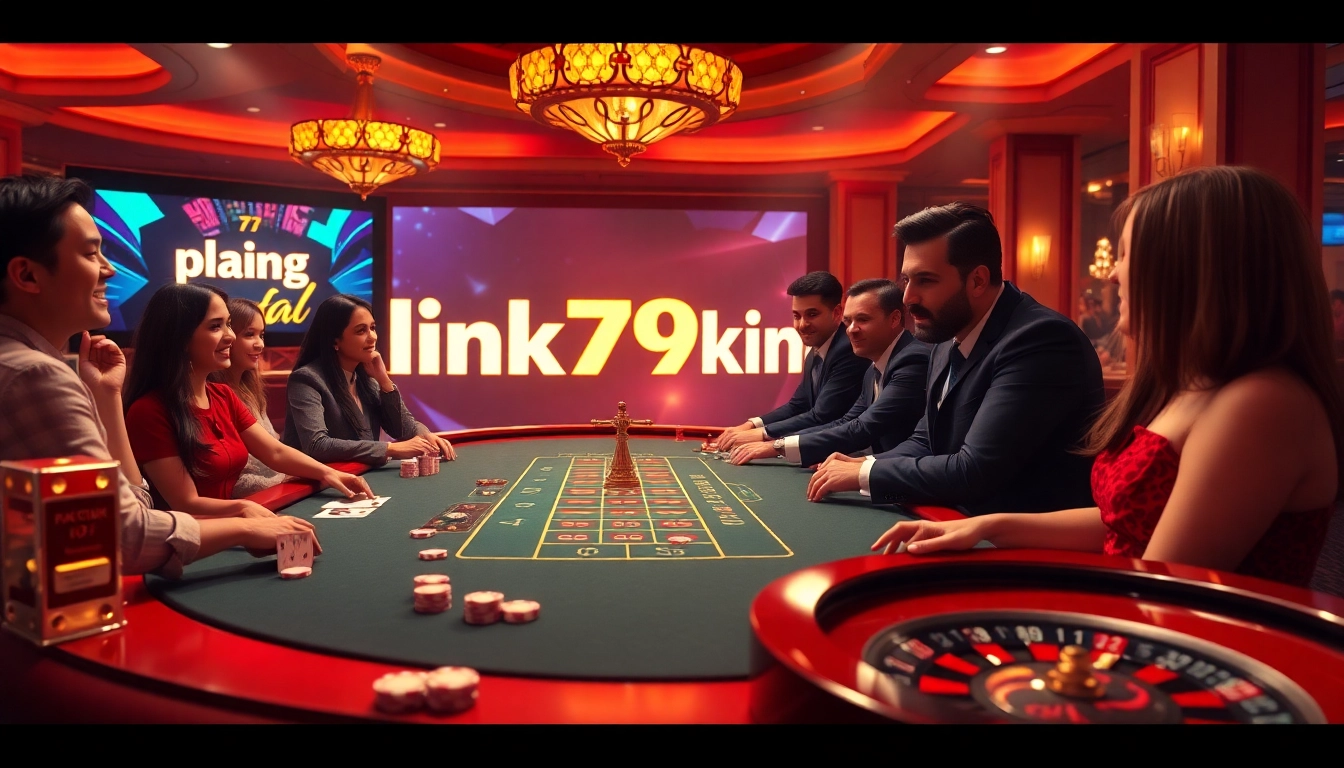 A dynamic casino scene showcasing poker players at a table, representing gambling excitement and featuring link 79king.