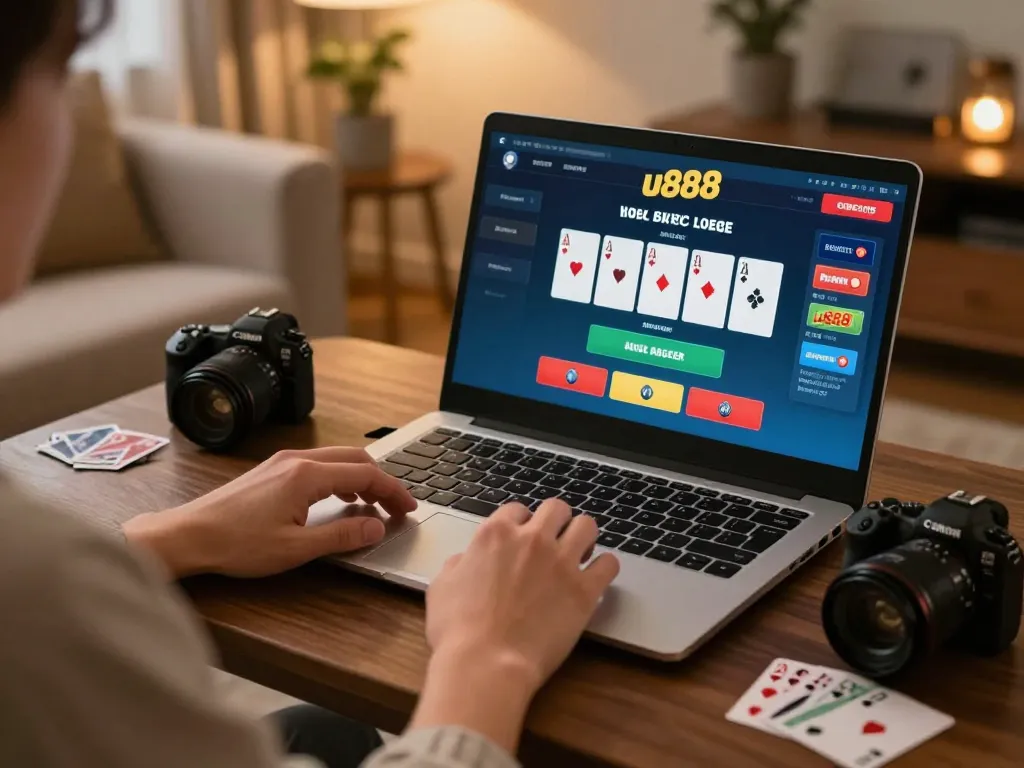 A player utilizes the u888 platform for an engaging live baccarat session at home, showing strategic gameplay.