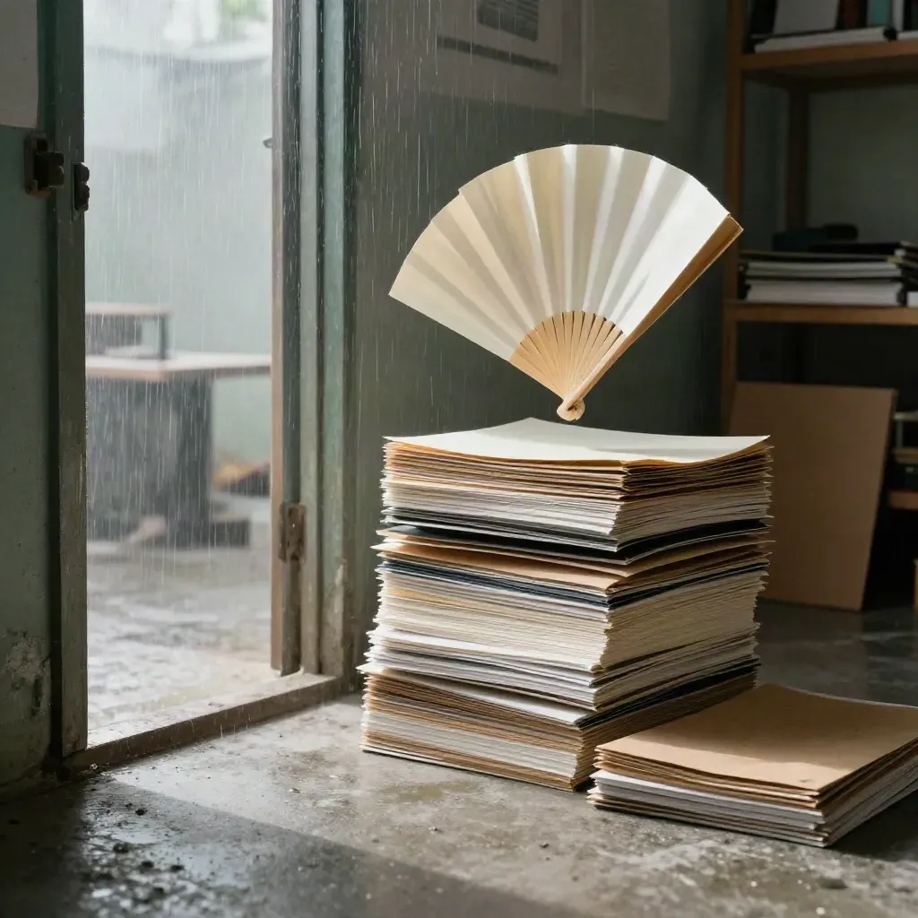 Rainy studio doorway with stacked zines, proofs, mailers, and paper offcuts in cinematic light.