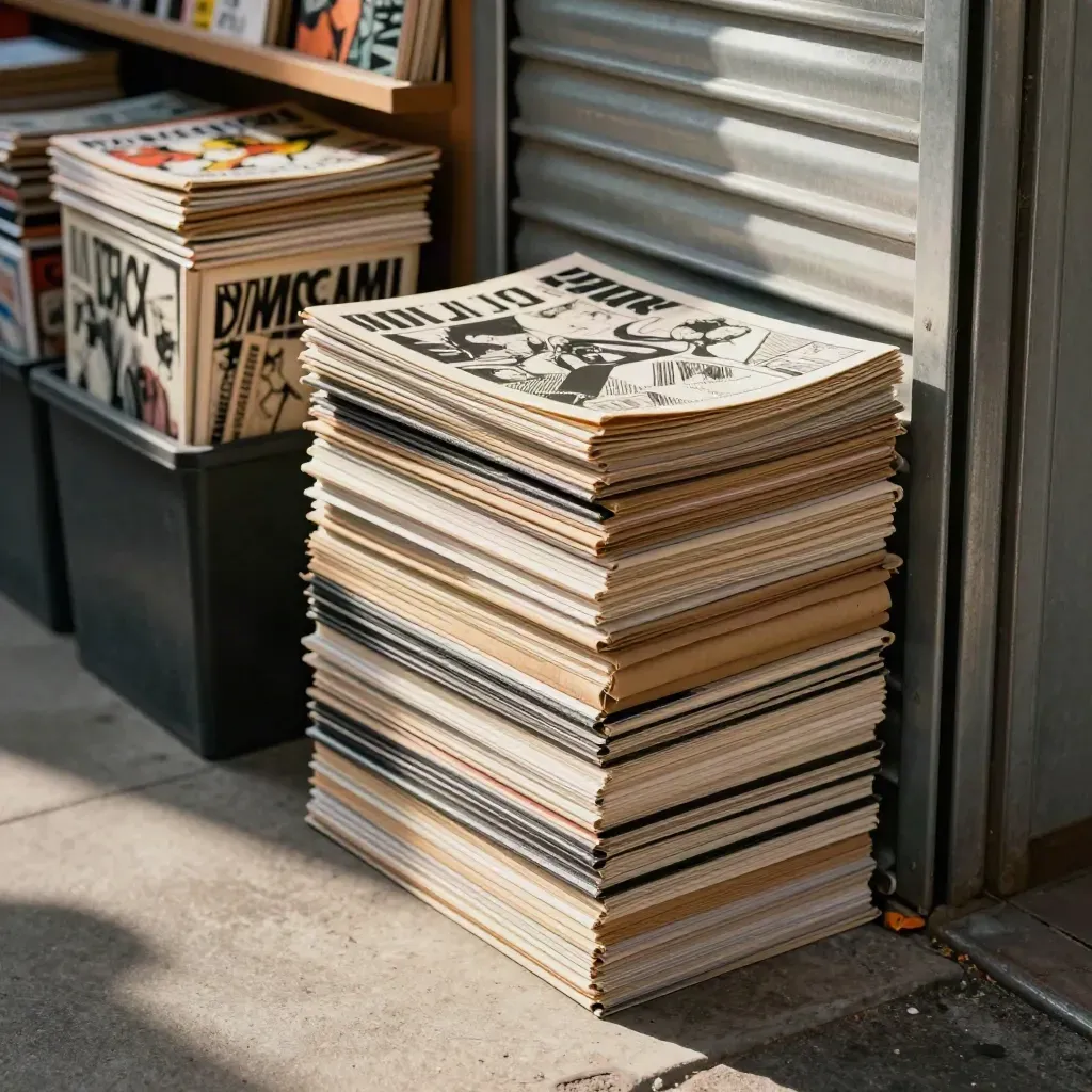 Leaning stack of indie comics and anthologies by a half-open shutter in warm sun