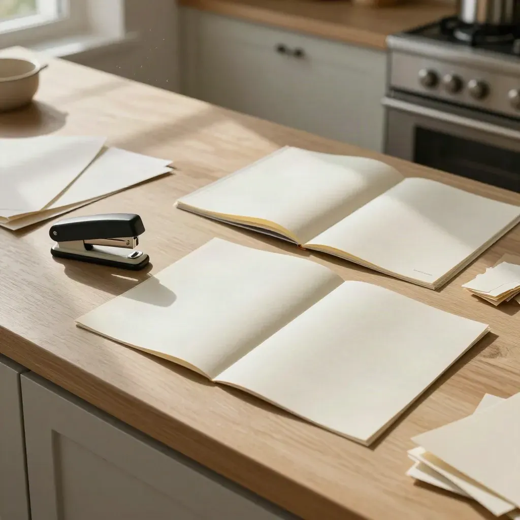 Overhead zine starter kit on a kitchen table with folded dummies, stapler, and paper offcuts.