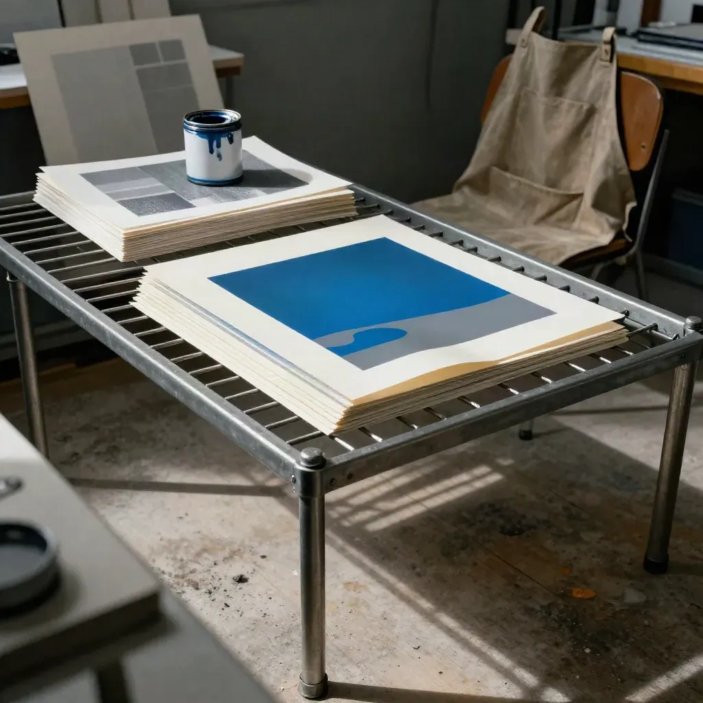Risograph prints drying on a metal rack beside ink cans and scrap proofs in a print shop