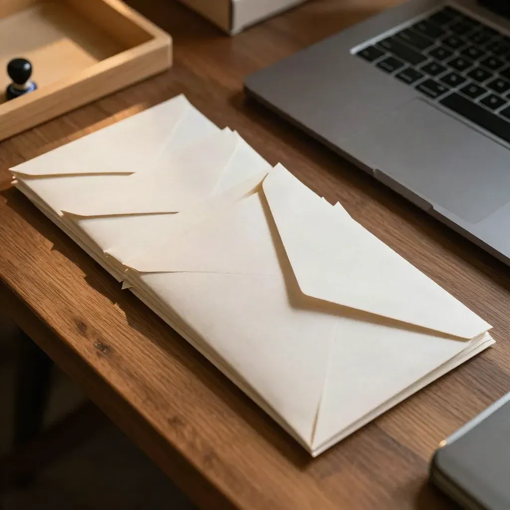 Top-down macro of sealed envelopes, a stamp, and an outbox tray beside a closed laptop on a walnut desk.