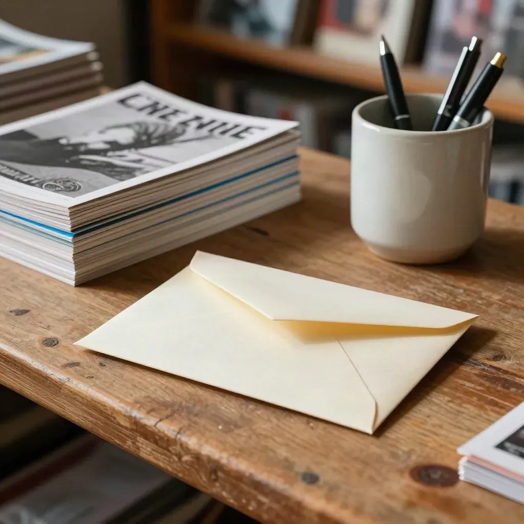 Envelope, sample mini zines, and a ceramic pen cup on a zine shop counter in soft daylight.