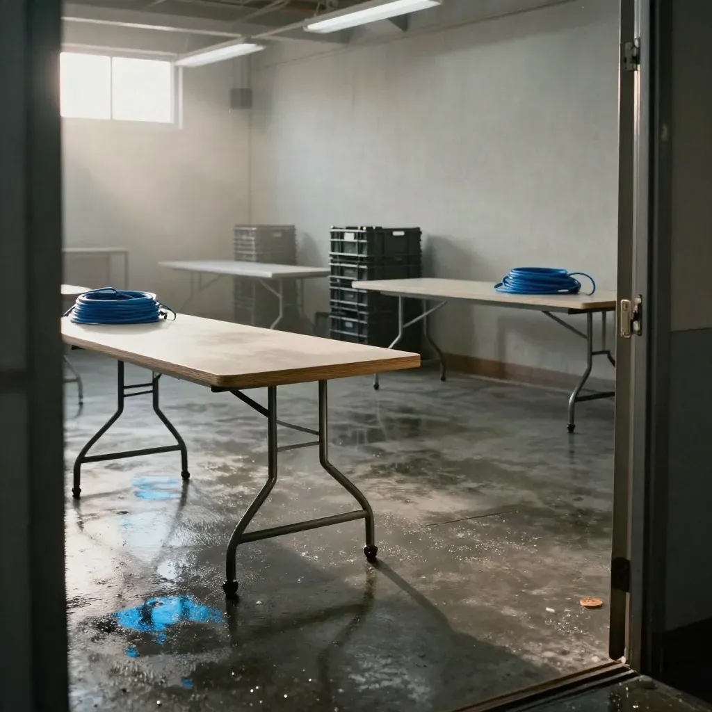 Empty fair hall at dawn with folding tables, blue cable coils, stacked crates, and rain-slick concrete.