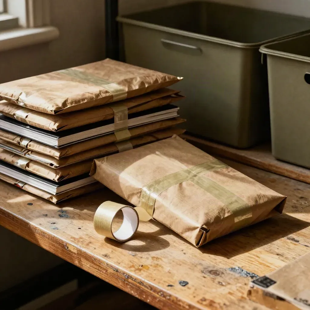 Sliding parcel among kraft mailers and zines on a packing bench in hard daylight