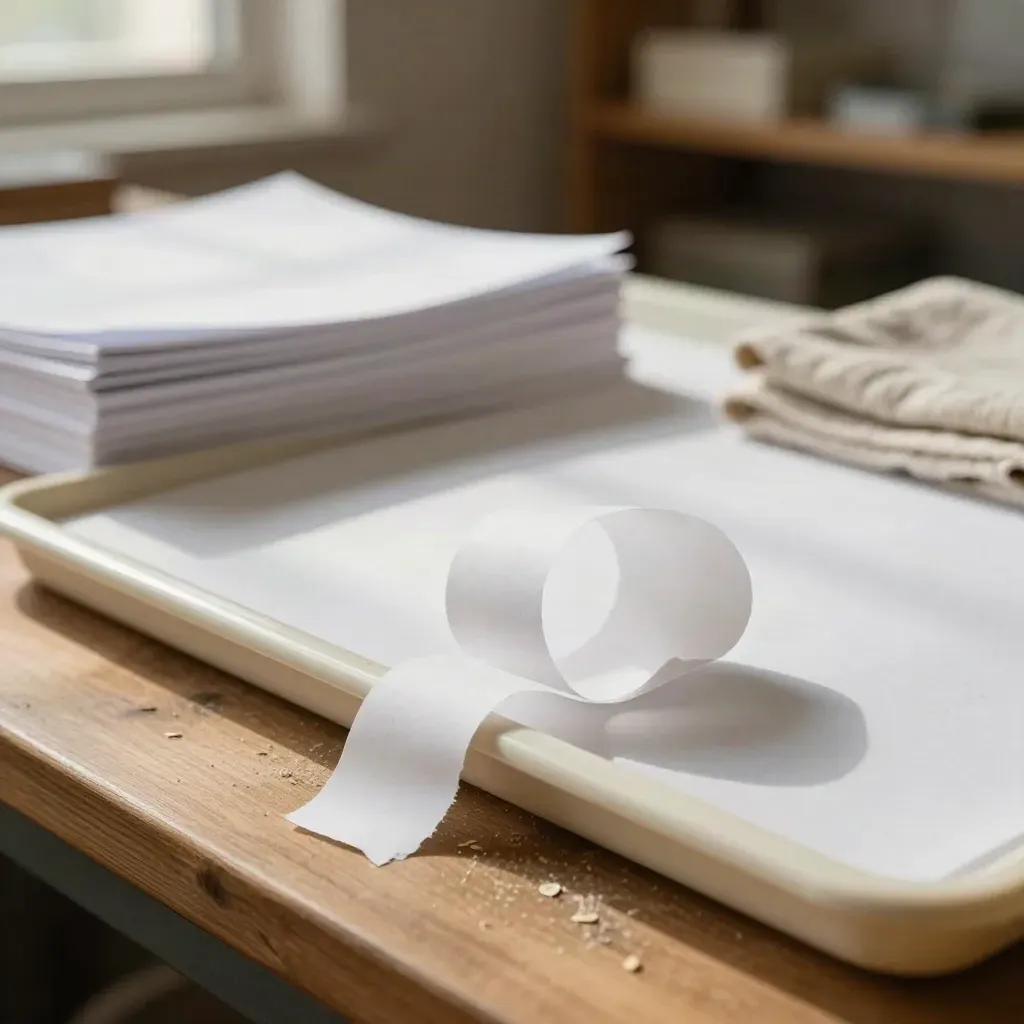 Paper offcuts in a print-trim tray beside clean sheets and a folded cloth, lit by warm window light.