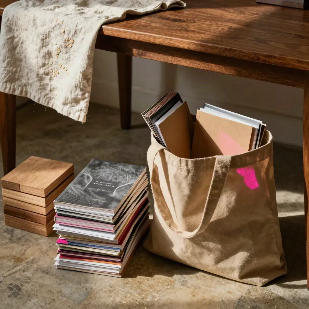 Packed zine fair kit beside a table edge: tote, folded cloth, risers and zines in warm late light.