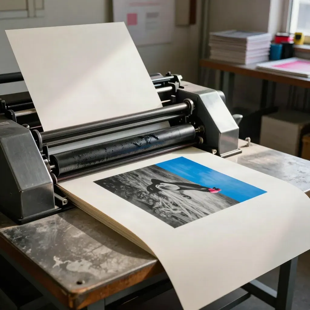 Risograph press bed with rollers, blue-magenta test sheets, and a drying rack of prints