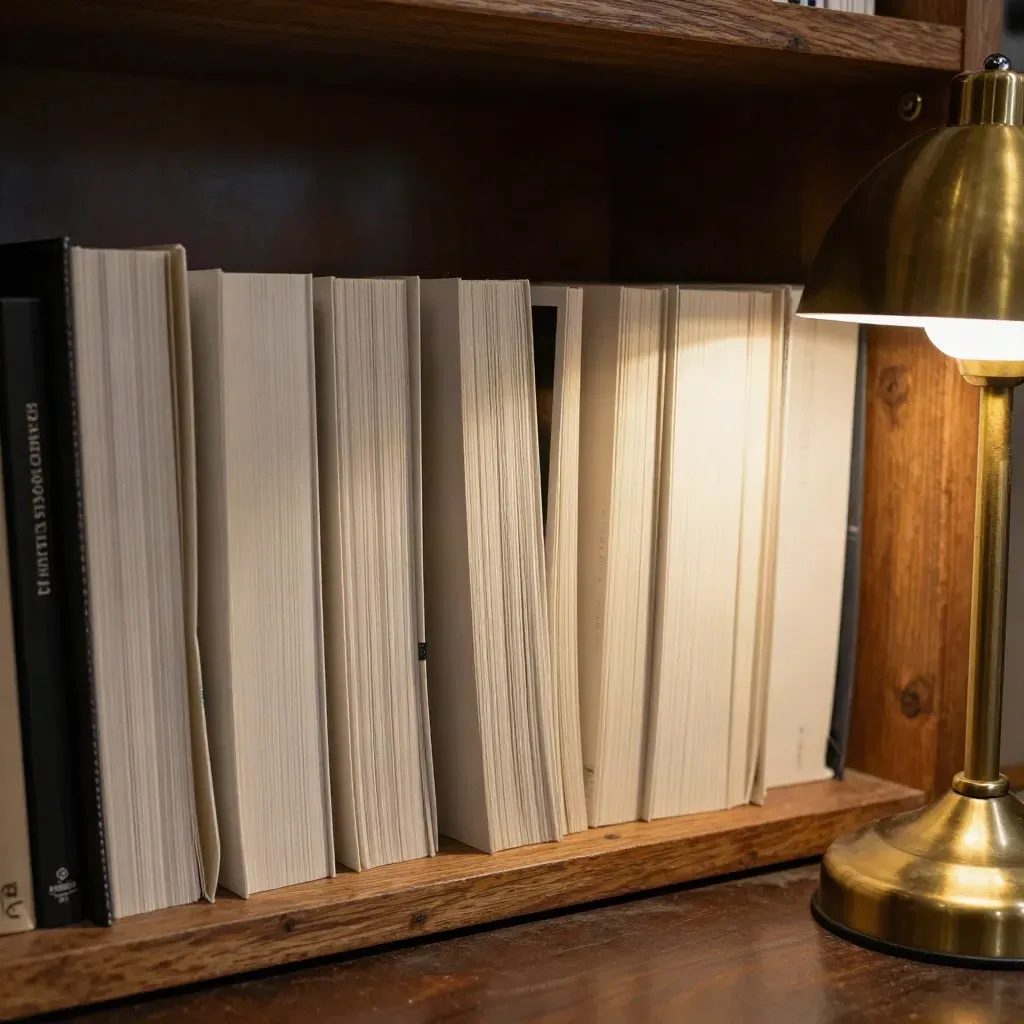 Low shelf of zines beside a glowing brass lamp in a dark indie shop corner.