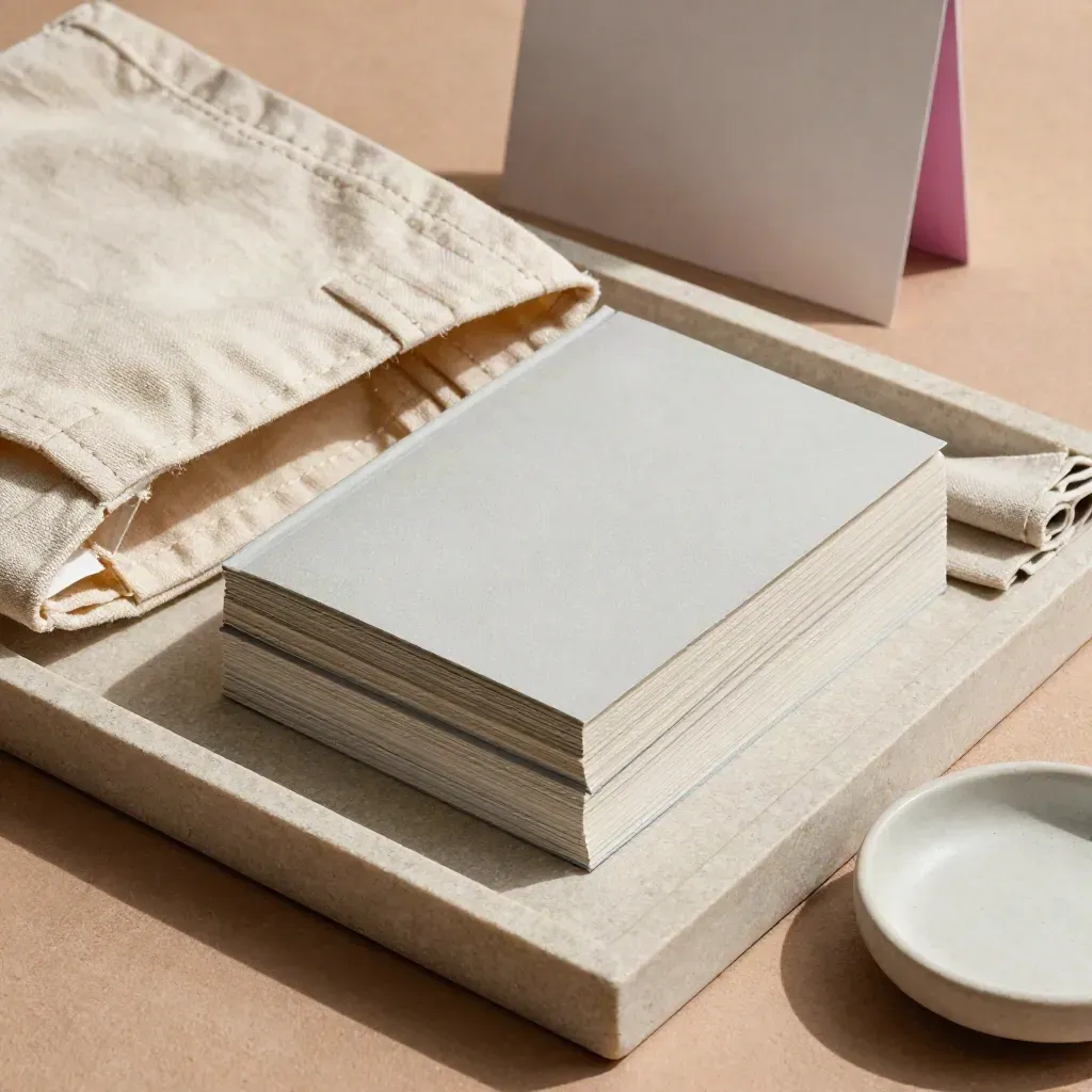 Canvas tote, stacked minis, and linen cloth on a stone tray for a zine fair.