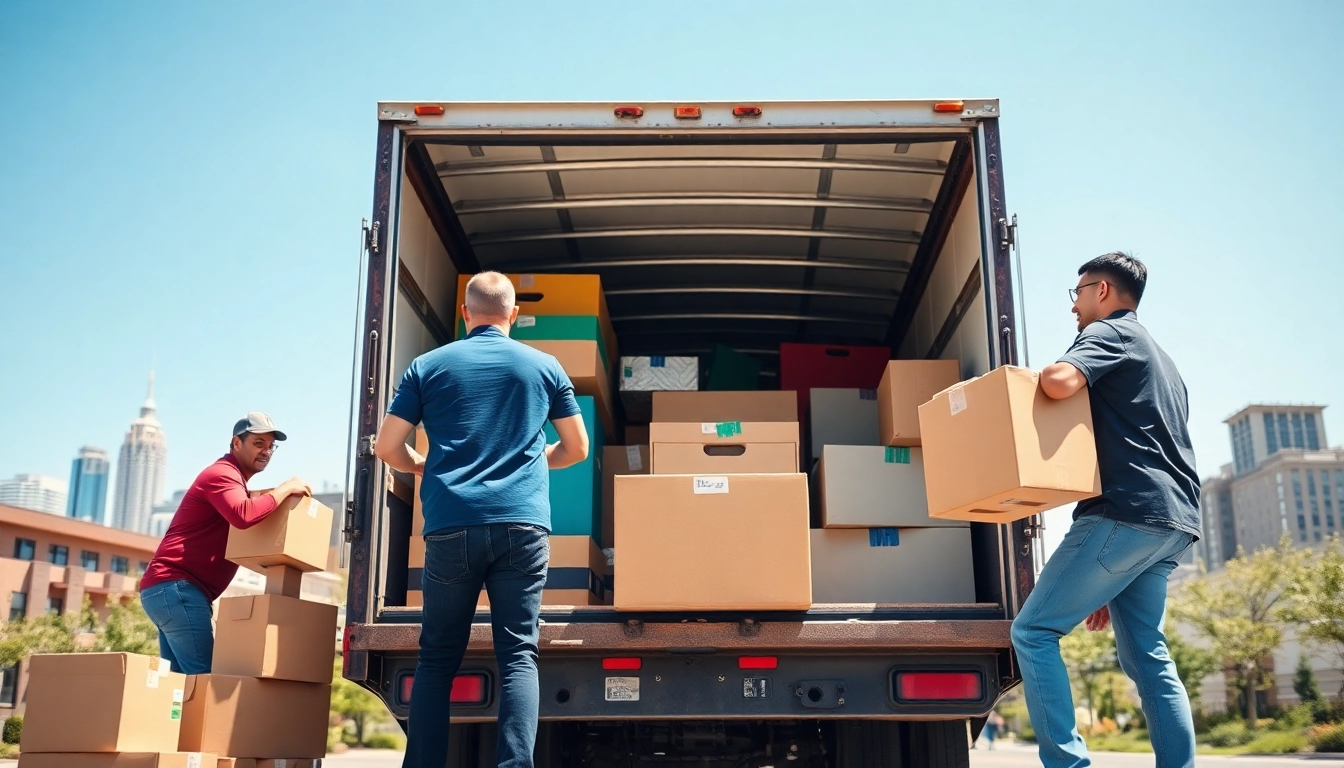 Long distance movers Calgary team efficiently loading a moving truck with colorful boxes.