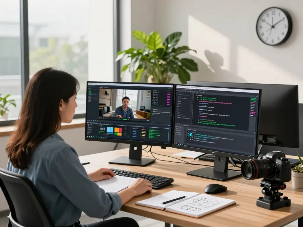 Innovative workspace for video to prompt technology with dual monitors and a focused data scientist in a modern office.