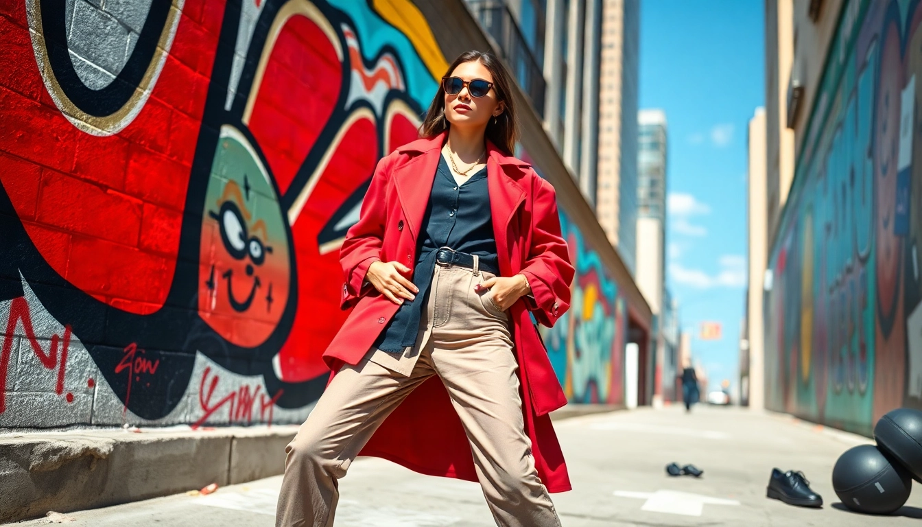 Fashion model showcasing dynamic urban trends in a vibrant street setting.