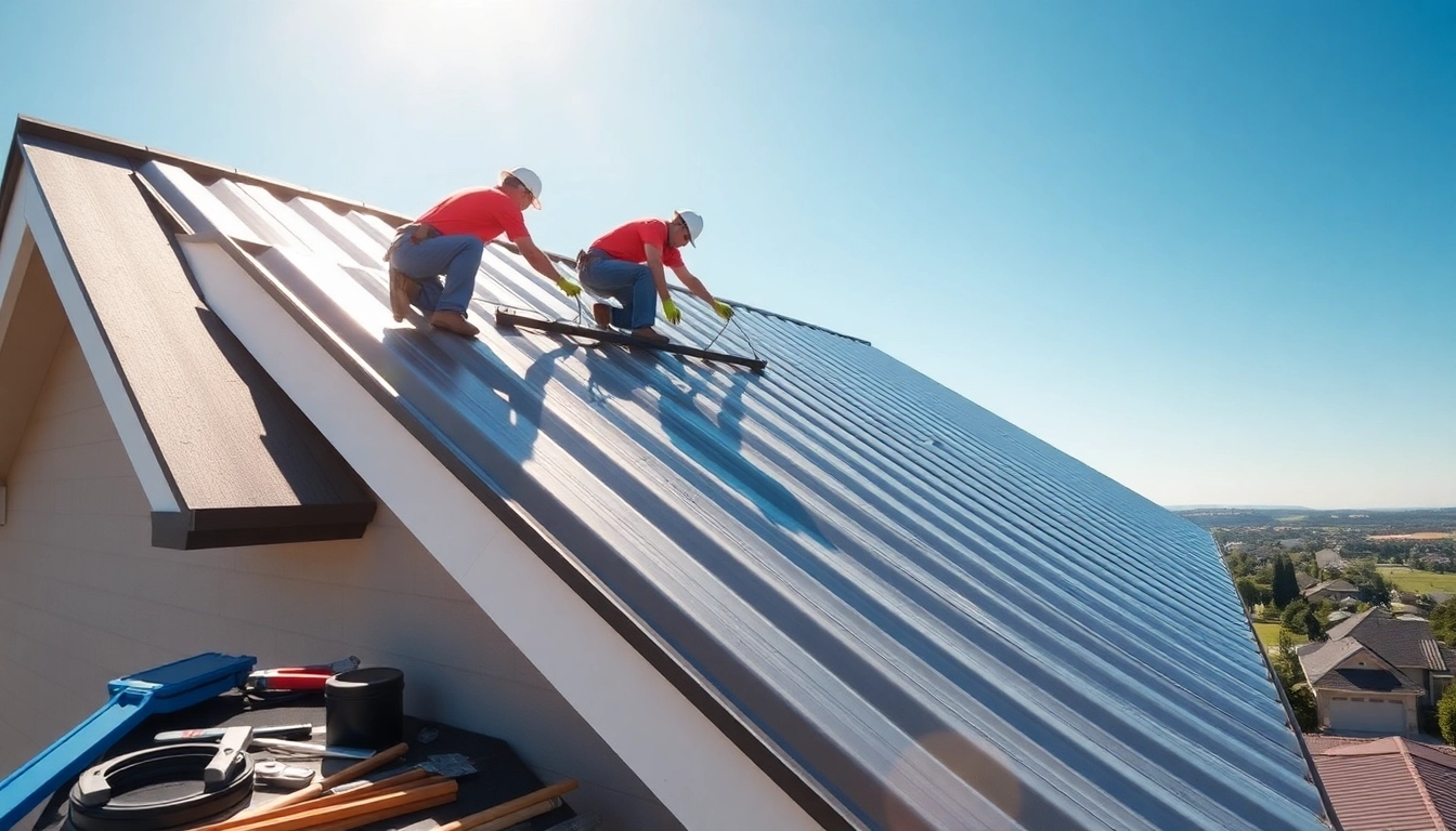 Installers working on a new metal roofing system on a suburban home, showcasing metal roofing panels.