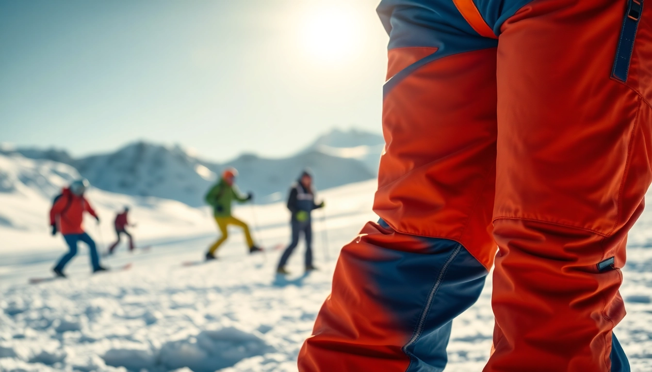 Model wearing snow pants in a winter landscape, showcasing performance and style.