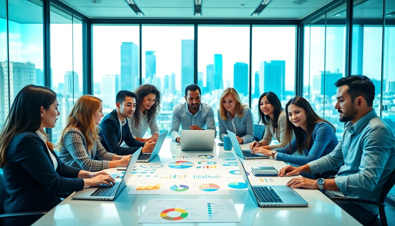 Agency team collaborating on marketing strategies in a vibrant, modern office environment.