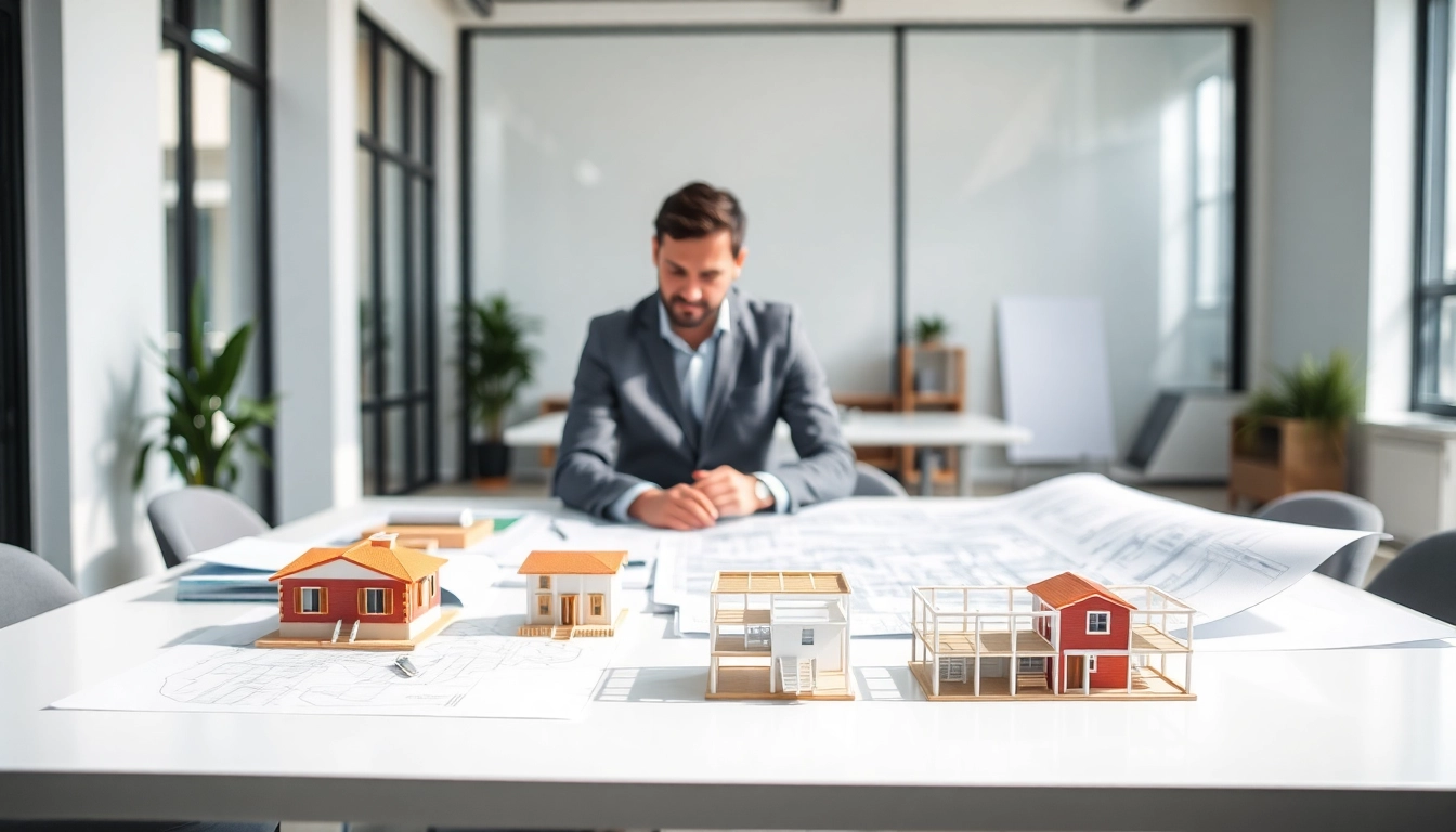 Architectural services showcased through an architect actively reviewing plans amid a creative workspace.