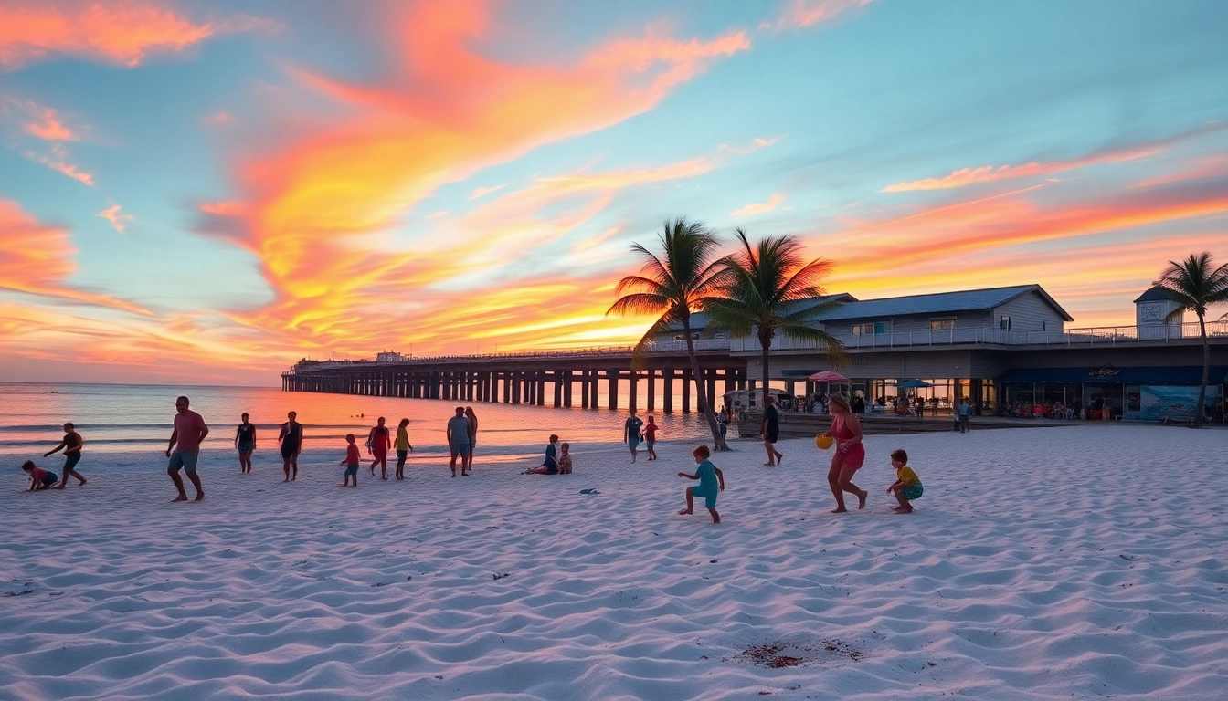Families enjoying Clearwater Beach at sunset with vibrant colors and happy moments.