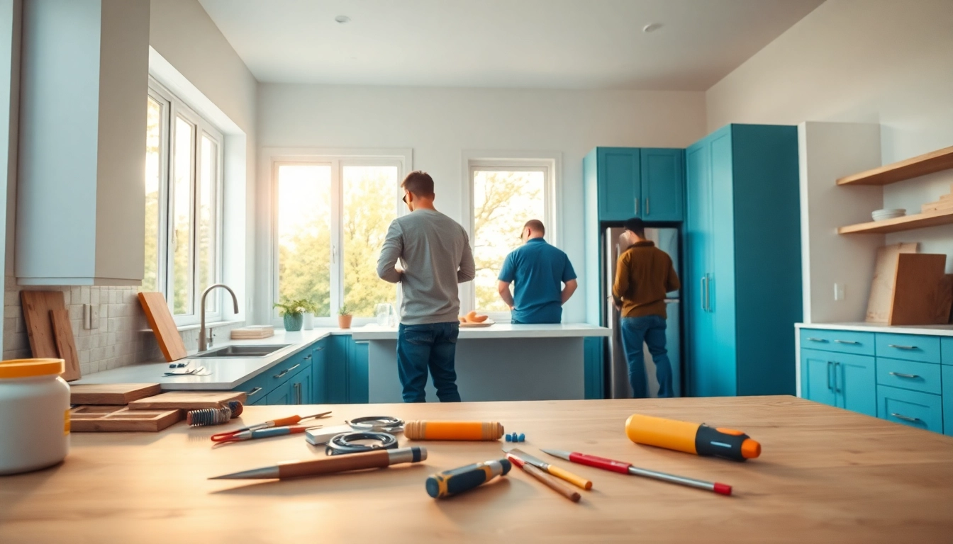 Revamping home renovation in a modern kitchen with craftsmen working.