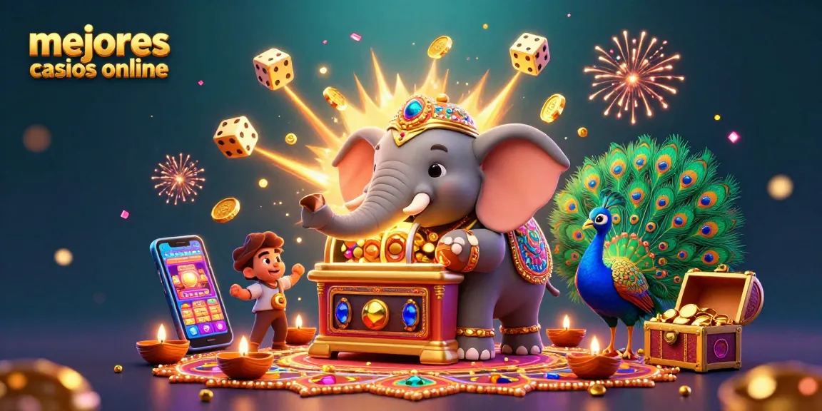 Gana con los mejores casinos online mostrando un elefante y una máquina tragamonedas en una escena vibrante.
