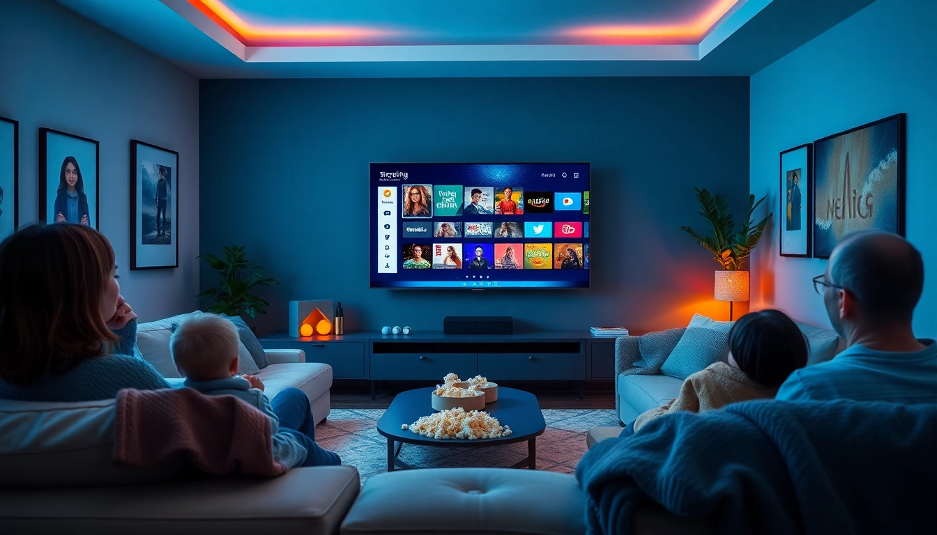 Showcase of streaming services interface on a smart TV in a cozy living room setting.