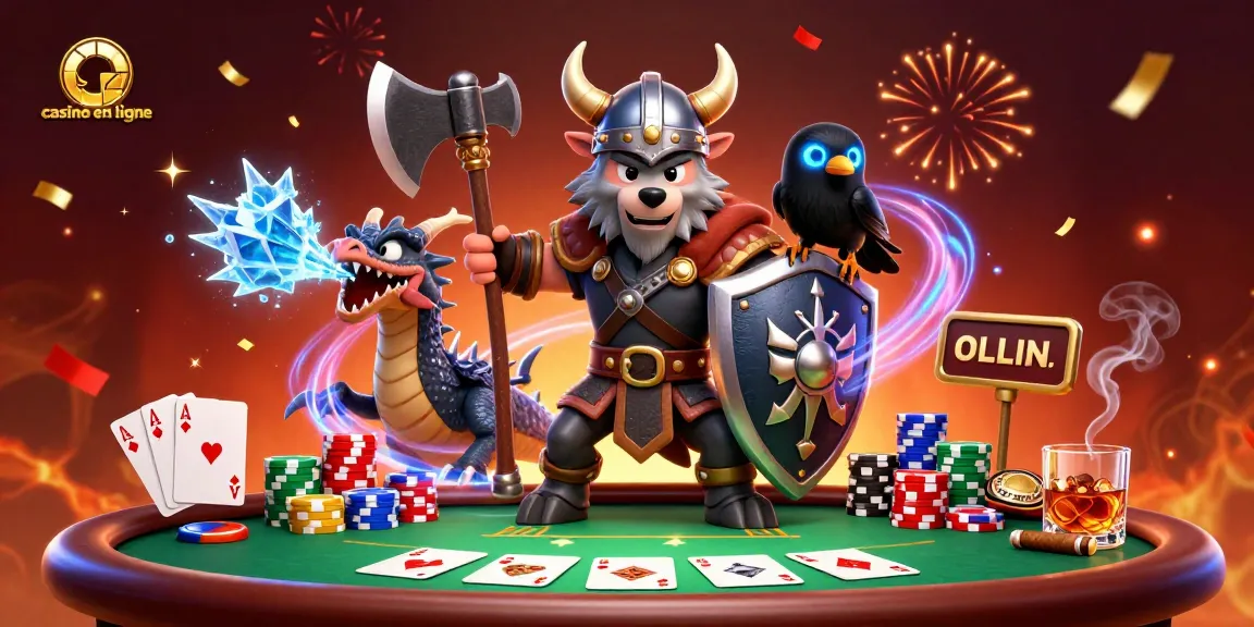 Éprouvez l'excitation des jeux de casino en ligne avec un guerrier loup viking, un dragon, et une table de poker animée.
