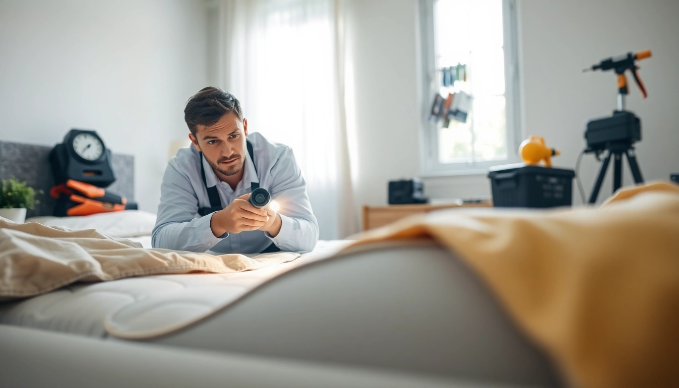 Technician engaging in bed bug removal process in a well-lit bedroom.