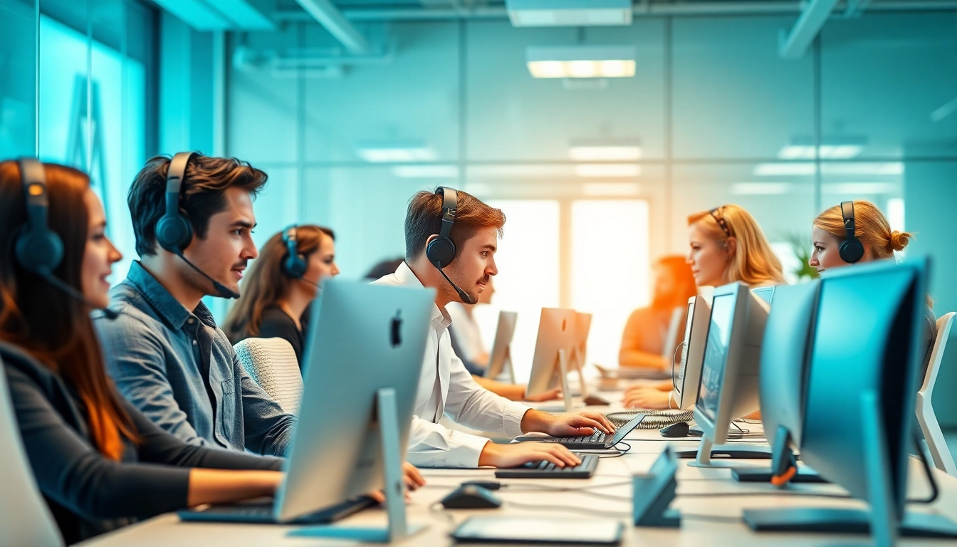Optimize remote call control with professionals using technology in a modern office setting.