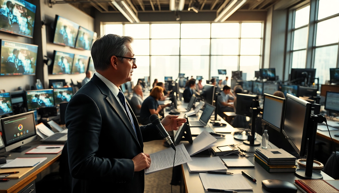 Engaging news journalist delivering the latest news in a vibrant newsroom.