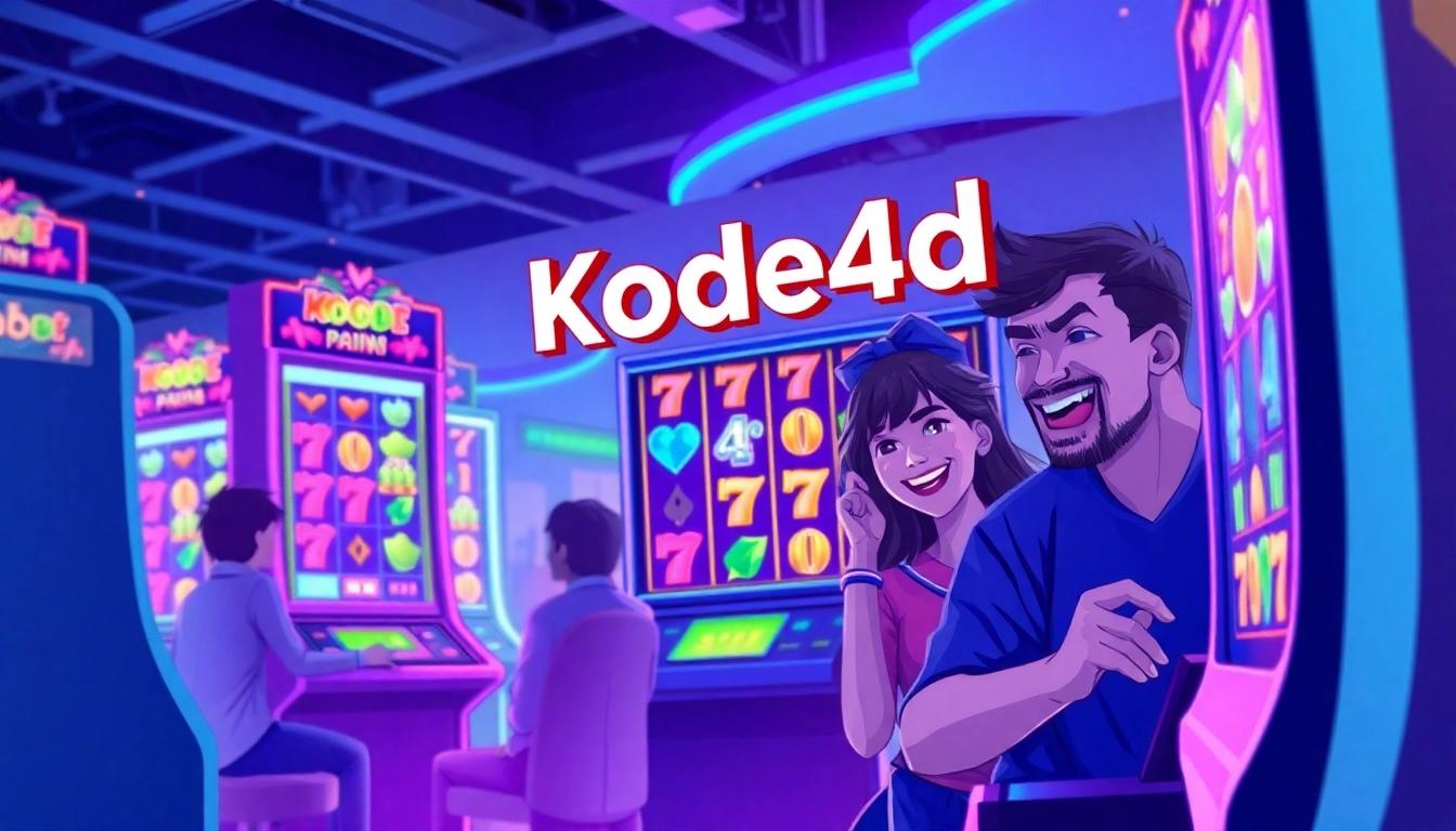Engaging Kode4d online gaming interface with vibrant slot machines and enthusiastic players.