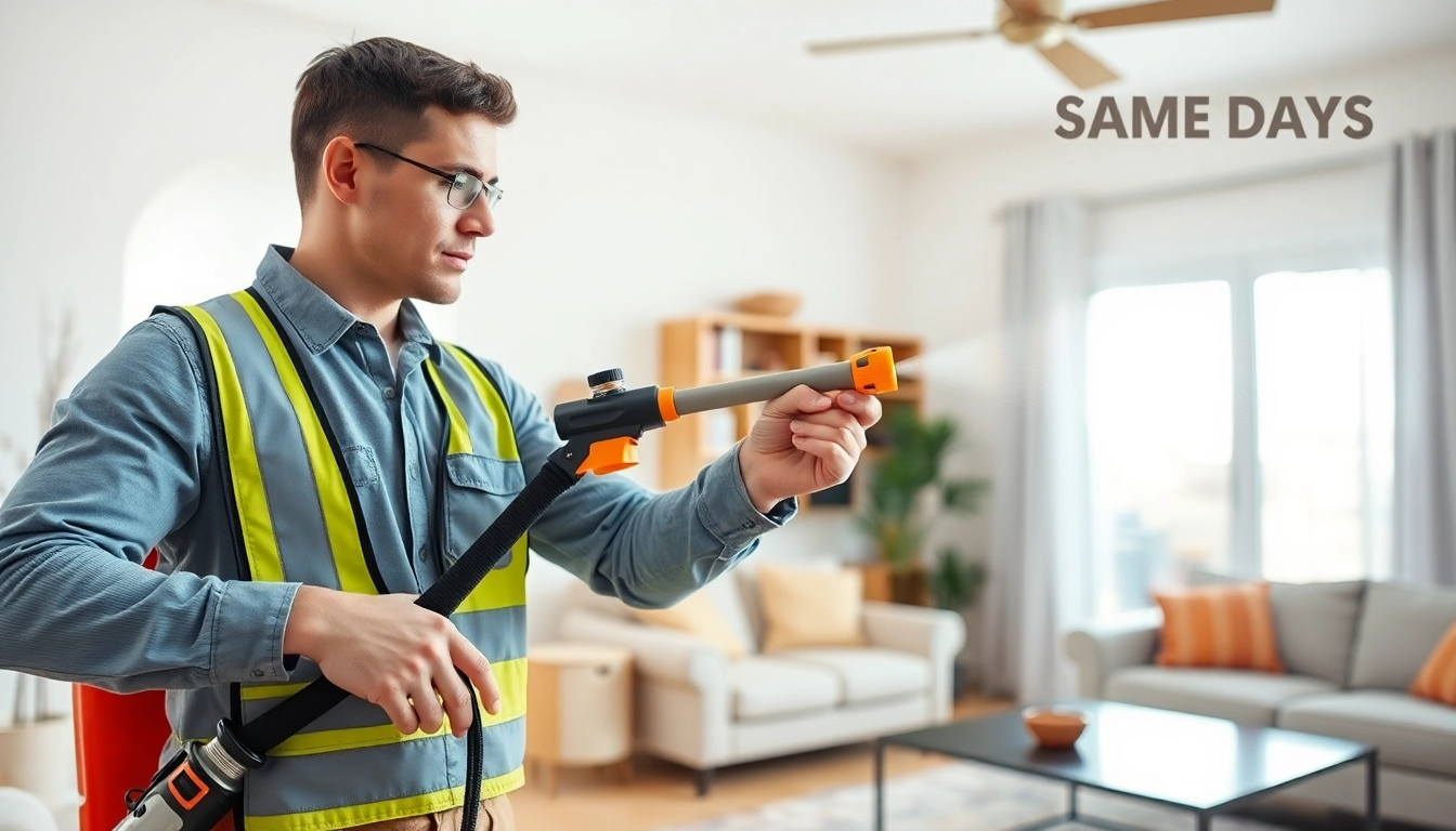 Exterminator providing same day pest service in a home, ensuring a pest-free environment.