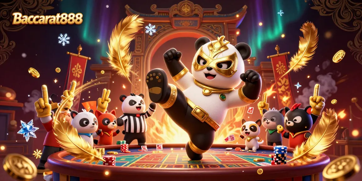 Baccarat888 showcases an exciting gaming scene with a panda wrestler kicking, a chihuahua referee, and cheering animal fans.
